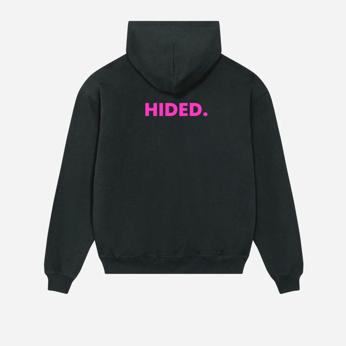 Schwarzer Hoodie mit pinkem hided Logo auf dem Rücken